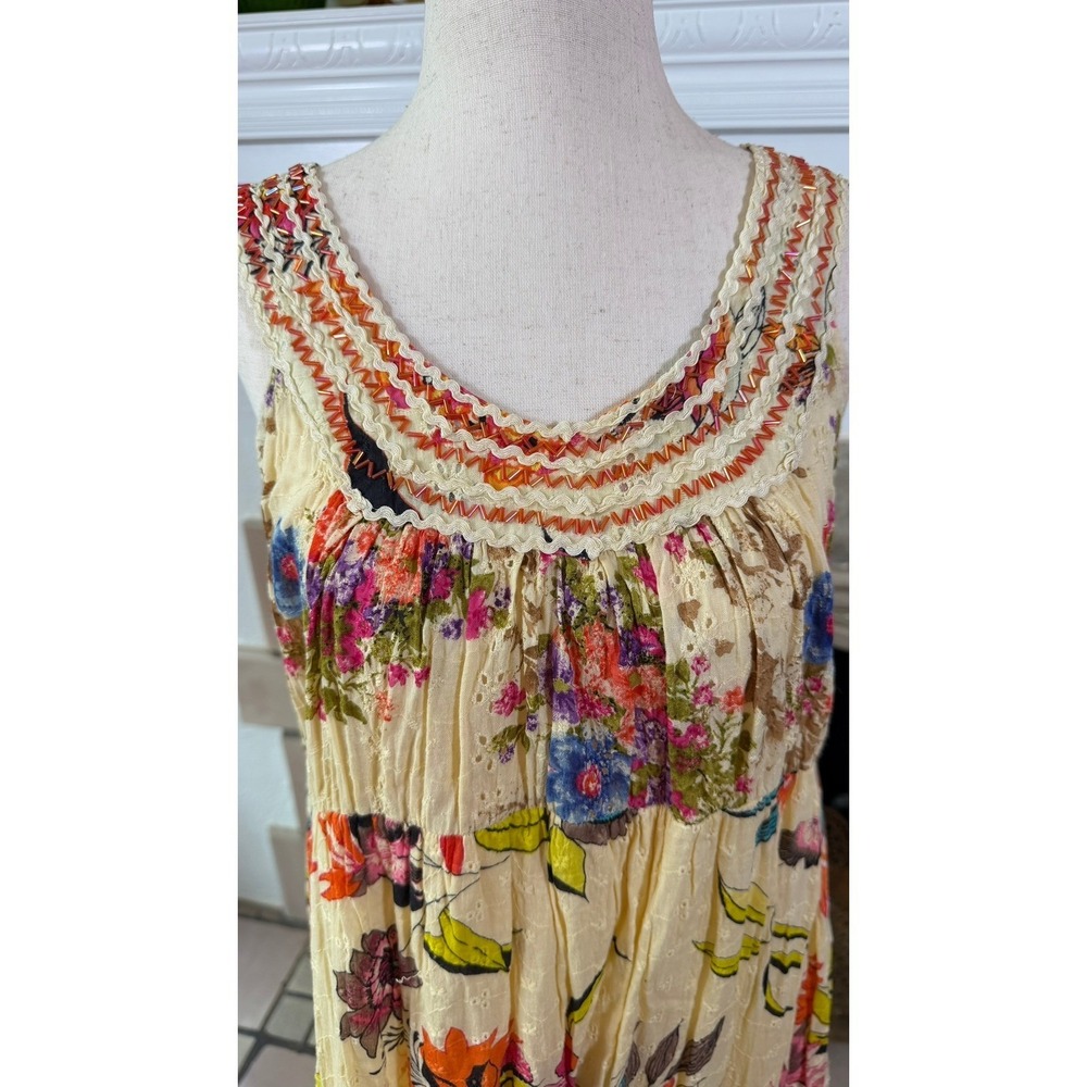 Palak Boho Tiered Maxi Dress Cotton Eyelet Mixed Floral Rick Rack India M - Picture 5 of 11